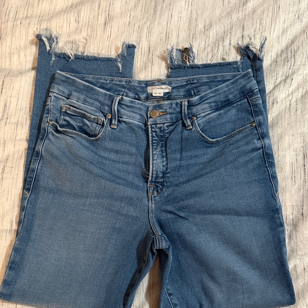 Good American Good Legs Crop Mini Boot Light Blue Ankle Jeans